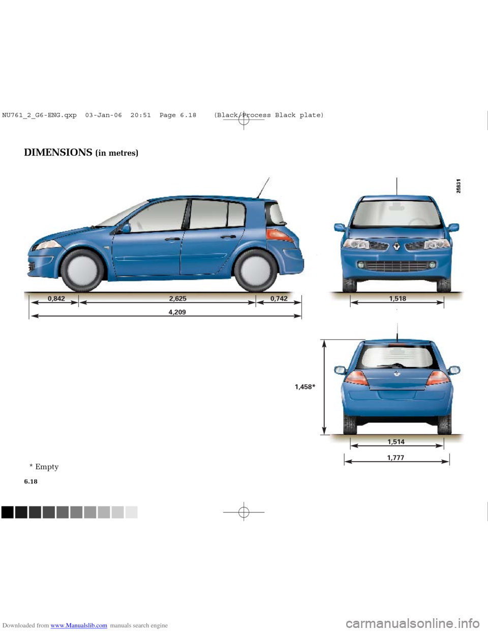RENAULT MEGANE 2005 X84 / 2.G Owners Manual Downloaded from www.Manualslib.com manuals search engine 
0,842 2,625 0,742 1,5184,209 2,060
1,514
1,458*
1,777

NU761_2_G6-FRA.qxd  4/11/05  11:11  Page 6.18
6.18
DIMENSIONS (in metres)
* Empty
NU761