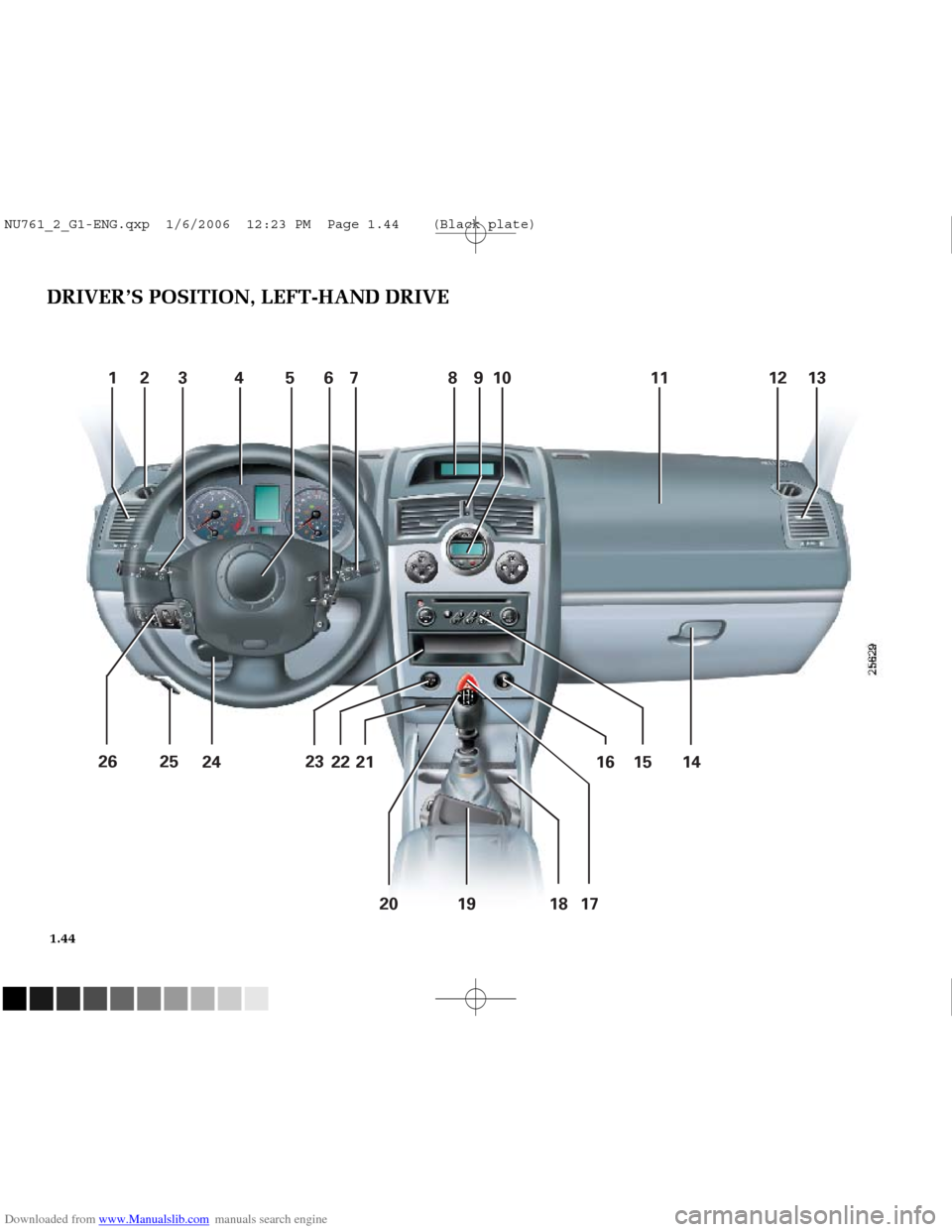 RENAULT MEGANE 2005 X84 / 2.G Owners Manual Downloaded from www.Manualslib.com manuals search engine 
22 21 16 15 14
12 3 4 5 67 8910 11 121320 19 18 17
23
24
25
26

NU761_2_G1-FRA.qxd  10/11/05  15:54  Page 1.44
1.44
DRIVER’S POSITION, LEFT-