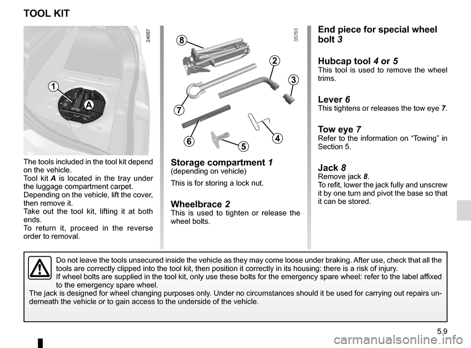 RENAULT CLIO SPORT TOURER 2012 X85 / 3.G Owners Manual tool kit ................................................... (up to the end of the DU)
hubcap tool  ........................................... (up to the end of the DU)
jack  ........................
