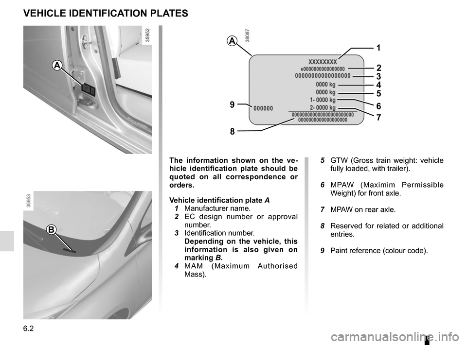 RENAULT ZOE 2014 1.G Owners Manual 6.2
VEHICLE IDENTIFICATION PLATES
A
B
A
The information shown on the ve-
hicle identification plate should be 
quoted on all correspondence or 
orders.
Vehicle identification plate A
  1 Manufacturer 