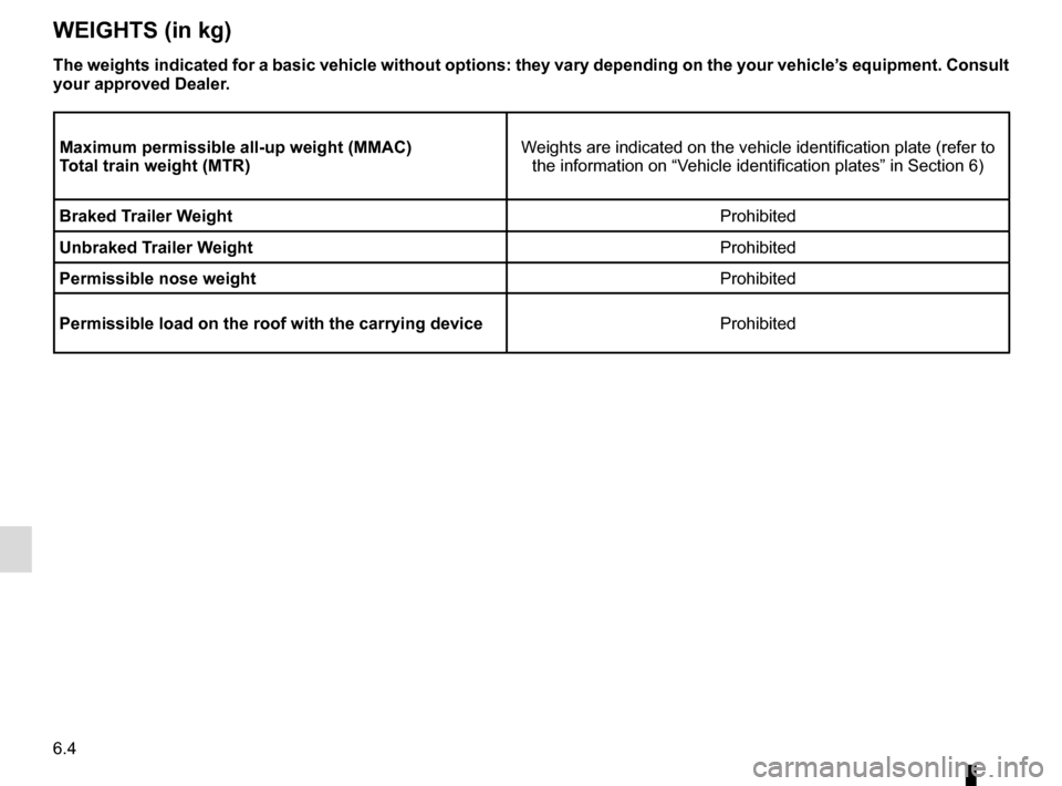 RENAULT ZOE 2014 1.G Owners Manual 6.4
WEIGHTS (in kg)
The weights indicated for a basic vehicle without options: they vary dep\
ending on the your vehicle’s equipment. Consult 
your approved Dealer.
Maximum permissible all-up weight