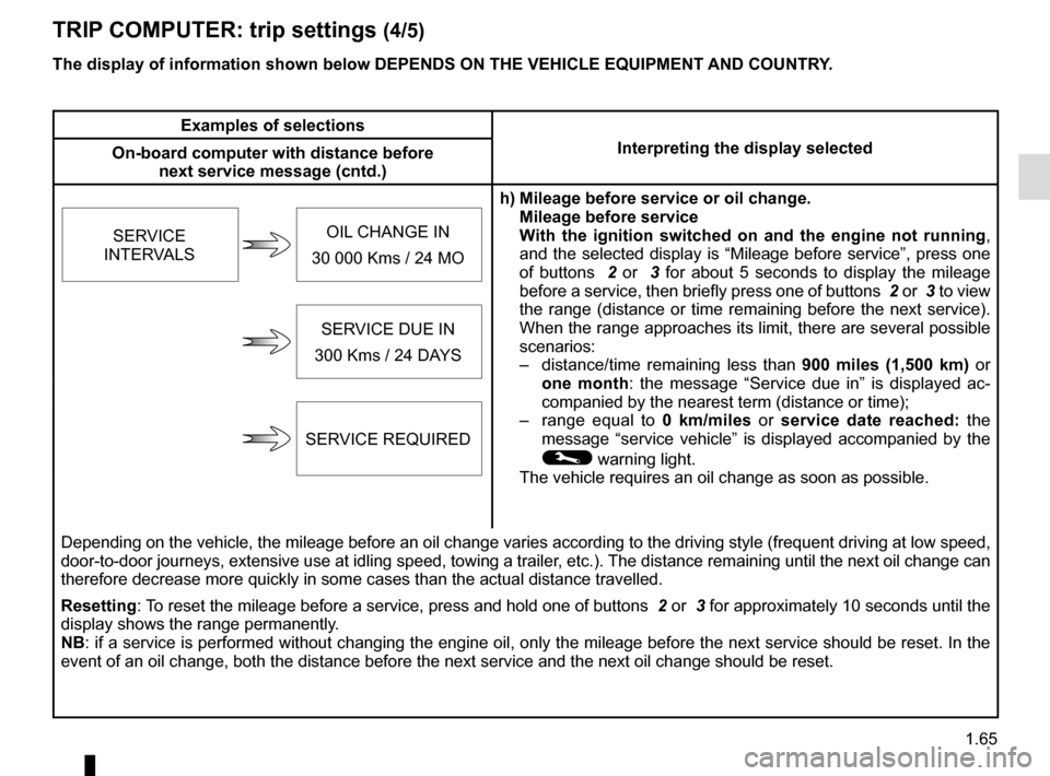 RENAULT CLIO SPORT TOURER 2015 X98 / 4.G Owners Manual 1.65
The display of information shown below DEPENDS ON THE VEHICLE EQUIPMENT \
AND COUNTRY.
TRIP COMPUTER: trip settings (4/5)
Examples of selectionsInterpreting the display selected
On-board computer RENAULT CLIO SPORT TOURER 2015 X98 / 4.G Owners Manual 1.65
The display of information shown below DEPENDS ON THE VEHICLE EQUIPMENT \
AND COUNTRY.
TRIP COMPUTER: trip settings (4/5)
Examples of selectionsInterpreting the display selected
On-board computer