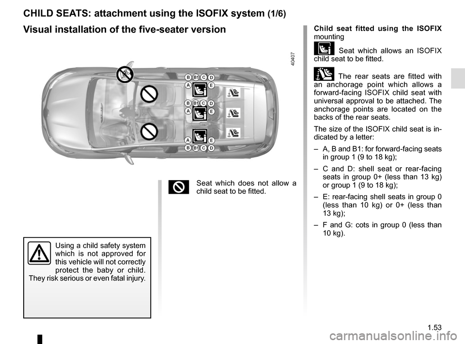 RENAULT ESPACE 2015 5.G Owners Manual 1.53
CHILD SEATS: attachment using the ISOFIX system (1/6)
Child seat fitted using the ISOFIX 
mounting
 Seat which allows an ISOFIX 
child seat to be fitted.
± The rear seats are fitted with 
an an