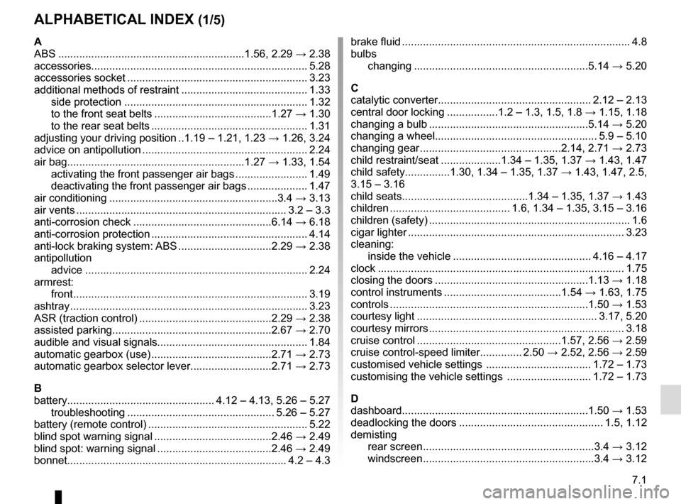 RENAULT KADJAR 2015 1.G Owners Manual 7.1
ALPHABETICAL INDEX (1/5)
A
ABS ..............................................................1.56, \
 2.29 → 2.38
accessories.............................................................\
......
