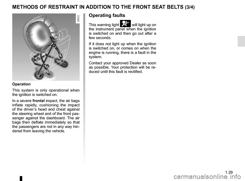 RENAULT KADJAR 2015 1.G Owners Manual 1.29
METHODS OF RESTRAINT IN ADDITION TO THE FRONT SEAT BELTS (3/4)
Operating faults
This warning light å will light up on 
the instrument panel when the ignition 
is switched on and then go out afte