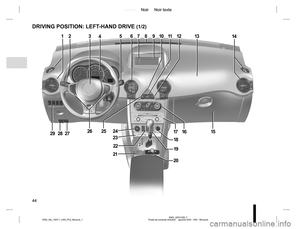 RENAULT KOLEOS 2015 1.G Owners Manual JauneNoir Noir texte
44
ENG_UD31458_7
Poste de conduite direction    gauche (X45 - H45 - Renault) ENG_NU_1057-1_H45_Ph3_Renault_1
DRIVING POSITION: LEFT-HAND DRIVE (1/2)
86539101112
15
22
20
213
24252