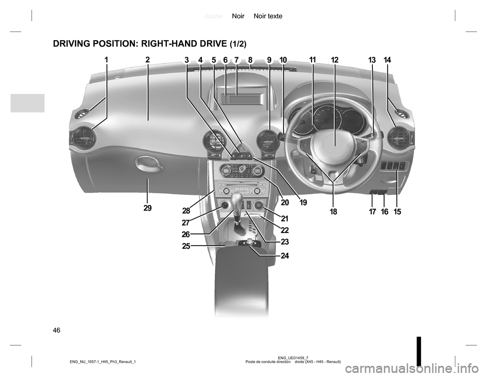 RENAULT KOLEOS 2015 1.G Owners Manual JauneNoir Noir texte
46
ENG_UD31459_7
Poste de conduite direction    droite (X45 - H45 - Renault) ENG_NU_1057-1_H45_Ph3_Renault_1
DRIVING POSITION: RIGHT-HAND DRIVE (1/2)
1097812345
29
25
24
2
19
21
2