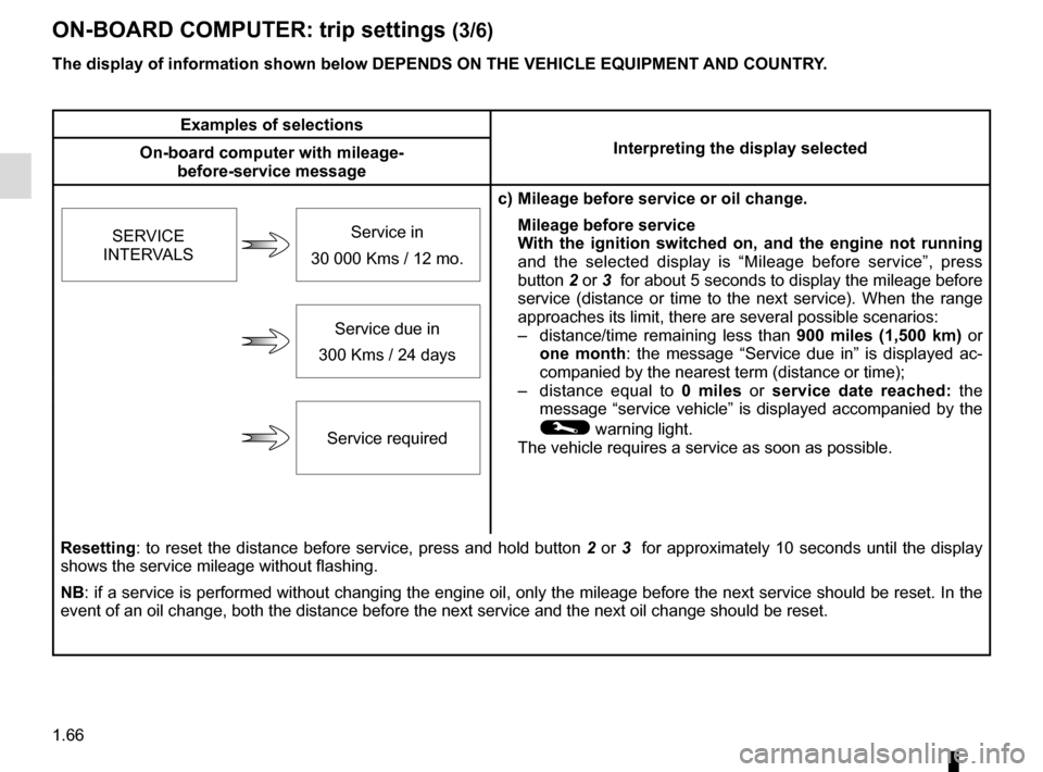 RENAULT MEGANE SPORT TOURER 2015 X95 / 3.G Owners Manual 1.66
ON-BOARD COMPUTER: trip settings (3/6)
The display of information shown below DEPENDS ON THE VEHICLE EQUIPMENT \
AND COUNTRY.
Examples of selectionsInterpreting the display selected
On-board comp