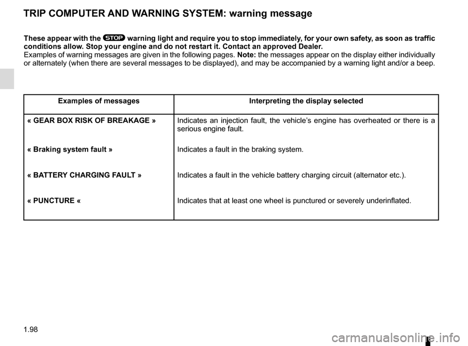 RENAULT TRAFIC 2015 X82 / 3.G Owners Manual 1.98
TRIP COMPUTER AND WARNING SYSTEM: warning message
These appear with the ® warning light and require you to stop immediately, for your own safety, as soon as traffic 
conditions allow. Stop your 