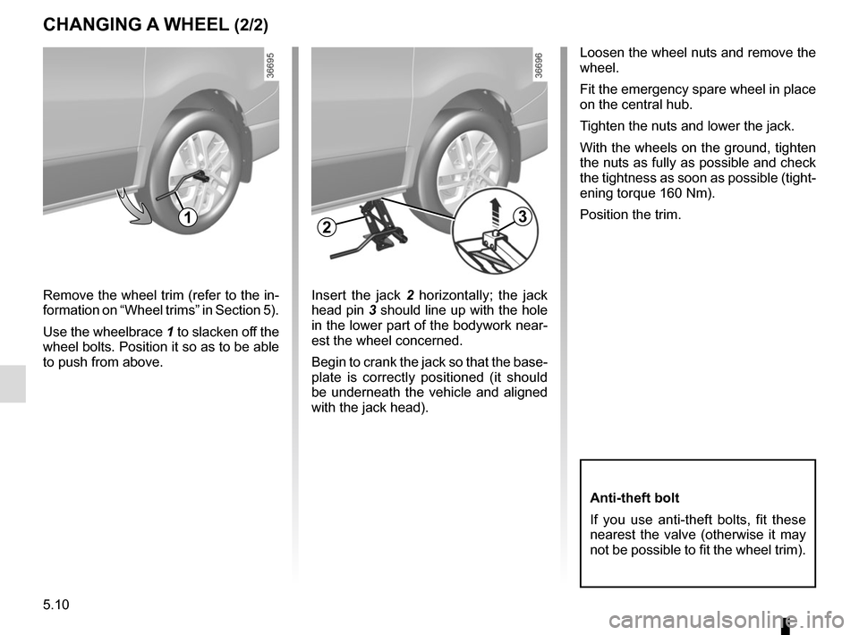 RENAULT TRAFIC 2015 X82 / 3.G Owners Manual 5.10
CHANGING A WHEEL (2/2)
Loosen the wheel nuts and remove the 
wheel.
Fit the emergency spare wheel in place 
on the central hub.
Tighten the nuts and lower the jack.
With the wheels on the ground,
