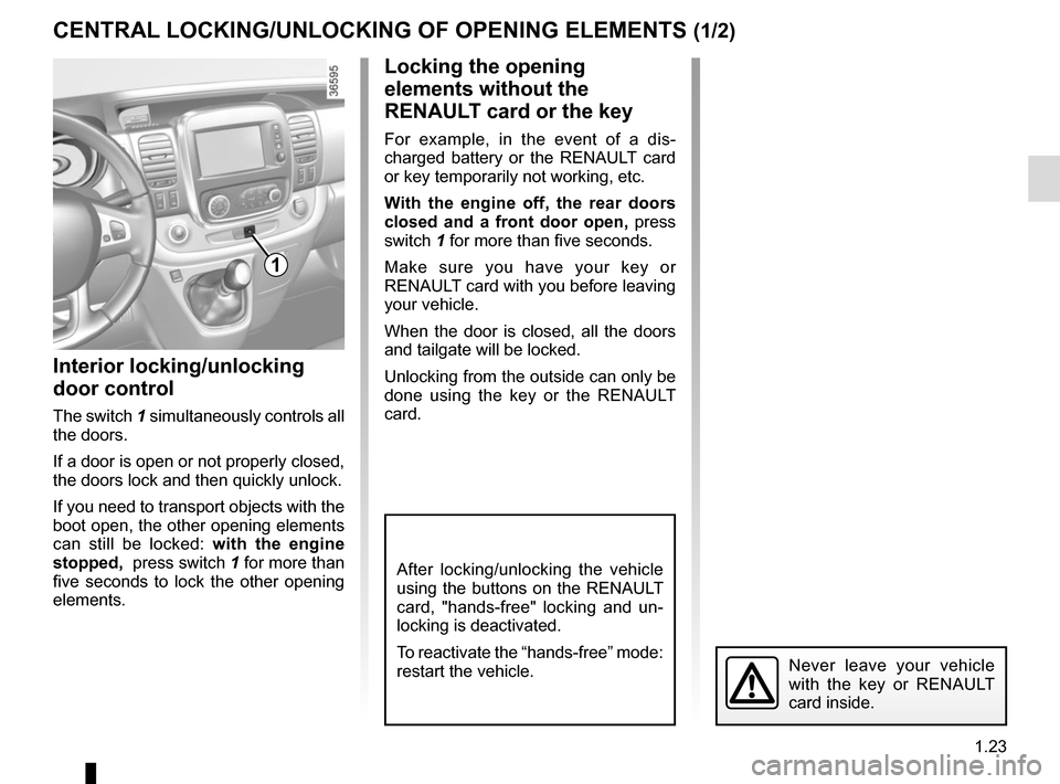 RENAULT TRAFIC 2015 X82 / 3.G Owners Manual 1.23
CENTRAL LOCKING/UNLOCKING OF OPENING ELEMENTS (1/2)
Interior locking/unlocking 
door control
The switch 1 simultaneously controls all 
the doors.
If a door is open or not properly closed, 
the do