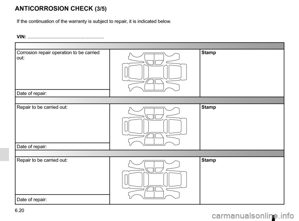 RENAULT TRAFIC 2015 X82 / 3.G Owners Manual 6.20
ANTICORROSION CHECK (3/5)
If the continuation of the warranty is subject to repair, it is indicated below.
VIN: ..........................................................
Corrosion repair operati