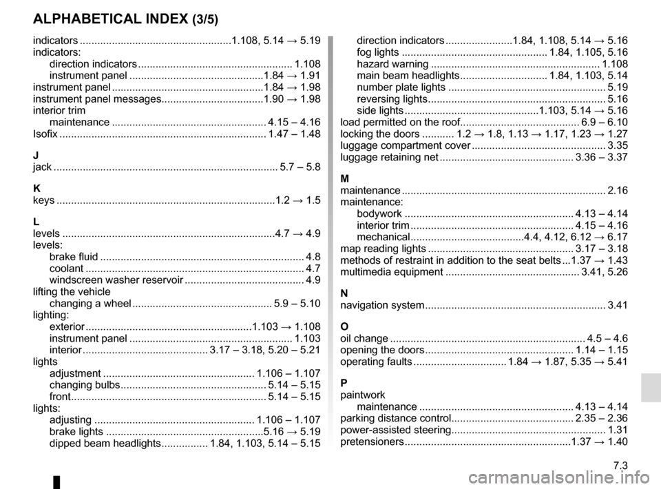 RENAULT TRAFIC 2015 X82 / 3.G Owners Manual 7.3
ALPHABETICAL INDEX (3/5)
indicators ....................................................1.108,  5.14 → 5.19
indicators: direction indicators .....................................................