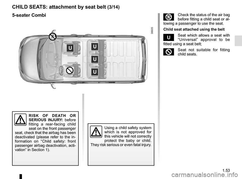 RENAULT TRAFIC 2015 X82 / 3.G Owners Manual 1.53
CHILD SEATS: attachment by seat belt (3/14)
Using a child safety system 
which is not approved for 
this vehicle will not correctly 
protect the baby or child. 
They risk serious or even fatal in