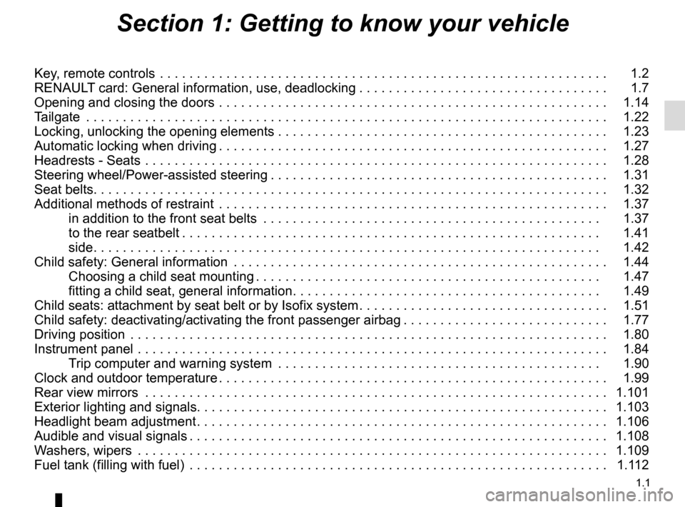 RENAULT TRAFIC 2015 X82 / 3.G Owners Manual 1.1
Section 1: Getting to know your vehicle
Key, remote controls . . . . . . . . . . . . . . . . . . . . . . . . . . . . . . . . . . . .\
. . . . . . . . . . . . . . . . . . . . . . . . . 1.2
RENA RENAULT TRAFIC 2015 X82 / 3.G Owners Manual 1.1
Section 1: Getting to know your vehicle
Key, remote controls . . . . . . . . . . . . . . . . . . . . . . . . . . . . . . . . . . . .\
. . . . . . . . . . . . . . . . . . . . . . . . . 1.2
RENA
