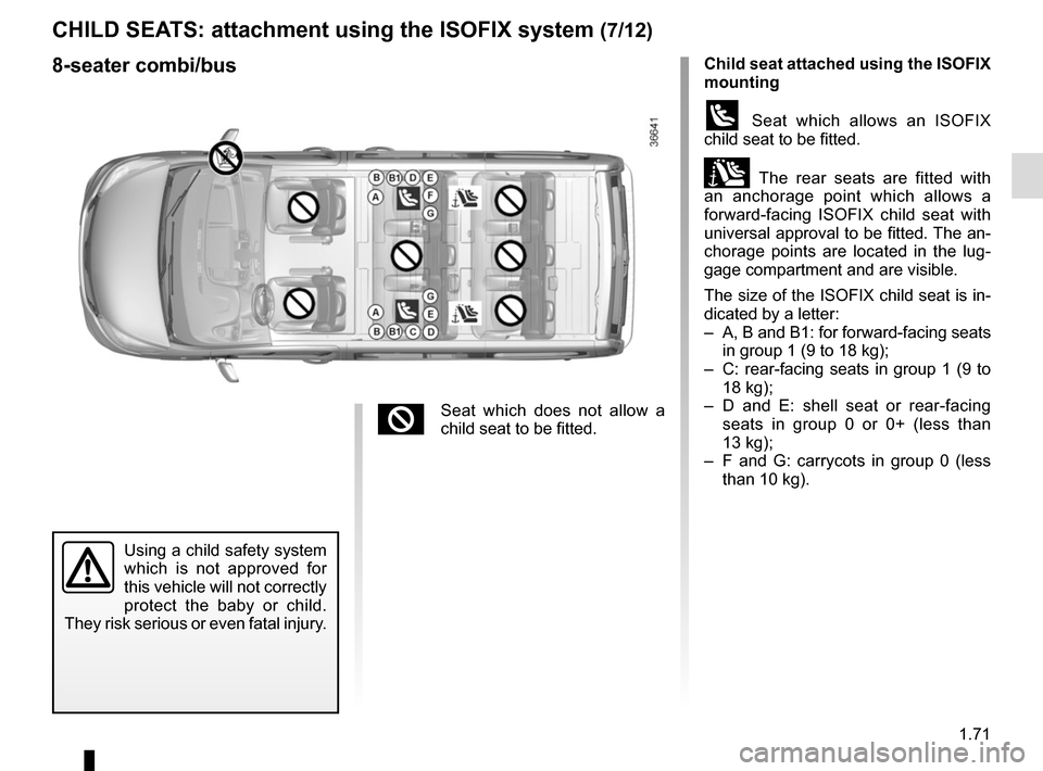 RENAULT TRAFIC 2015 X82 / 3.G Owners Manual 1.71
Child seat attached using the ISOFIX  
mounting
ü Seat which allows an ISOFIX 
child seat to be fitted.
± The rear seats are fitted with 
an anchorage point which allows a 
forward-facing ISOFI
