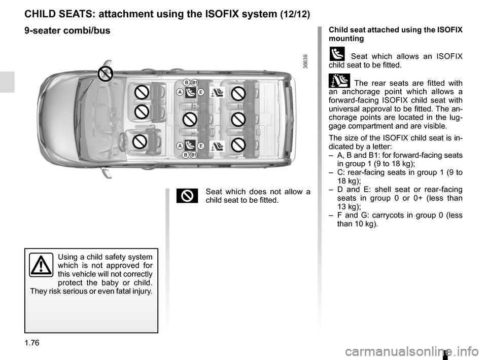 RENAULT TRAFIC 2015 X82 / 3.G Owners Manual 1.76
Child seat attached using the ISOFIX  
mounting
ü Seat which allows an ISOFIX 
child seat to be fitted.
± The rear seats are fitted with 
an anchorage point which allows a 
forward-facing ISOFI