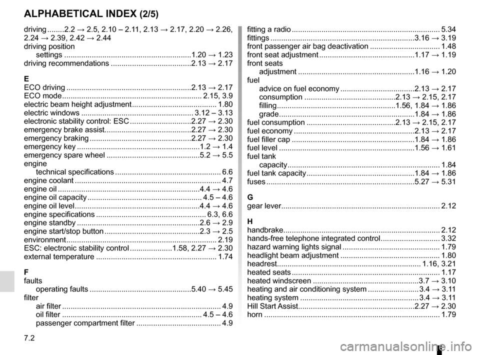 RENAULT CLIO ESTATE 2016 X98 / 4.G Owners Manual 7.2
ALPHABETICAL INDEX (2/5)
driving ........2.2 → 2.5, 2.10 – 2.11, 2.13 → 2.17, 2.20 → 2.26, 
2.24 → 2.39, 2.42 → 2.44
driving position settings .........................................
