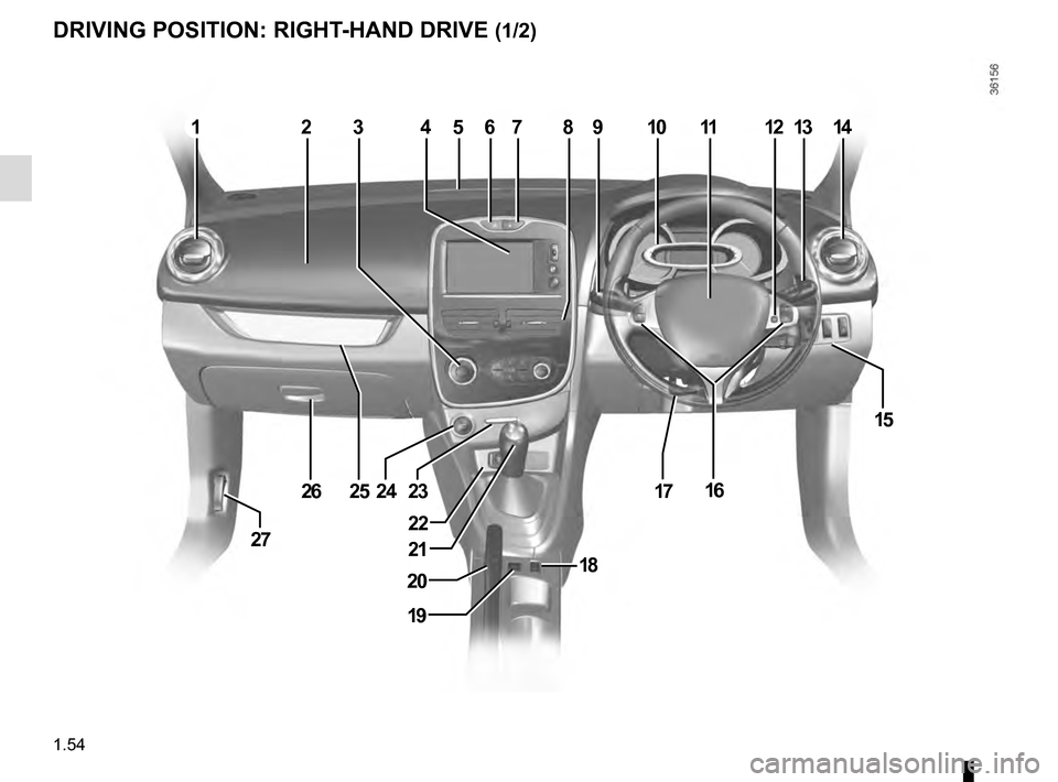 RENAULT CLIO ESTATE 2016 X98 / 4.G Owners Manual 1.54
DRIVING POSITION: RIGHT-HAND DRIVE (1/2)
13456789111213142
15
161723
22
18
19
20
21
242526
27
10  