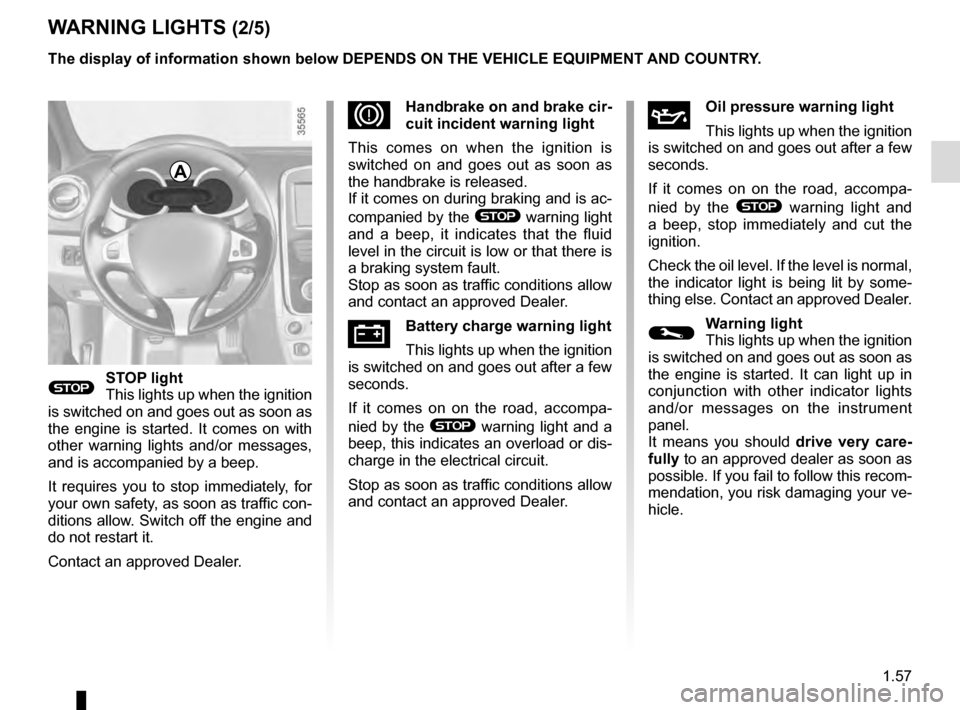 RENAULT CLIO ESTATE 2016 X98 / 4.G Owners Manual 1.57
WARNING LIGHTS (2/5)
®STOP light
This lights up when the ignition
is switched on and goes out as soon as
the engine is started. It comes on with
other warning lights and/or messages,
and is RENAULT CLIO ESTATE 2016 X98 / 4.G Owners Manual 1.57
WARNING LIGHTS (2/5)
®STOP light
This lights up when the ignition
is switched on and goes out as soon as
the engine is started. It comes on with
other warning lights and/or messages,
and is