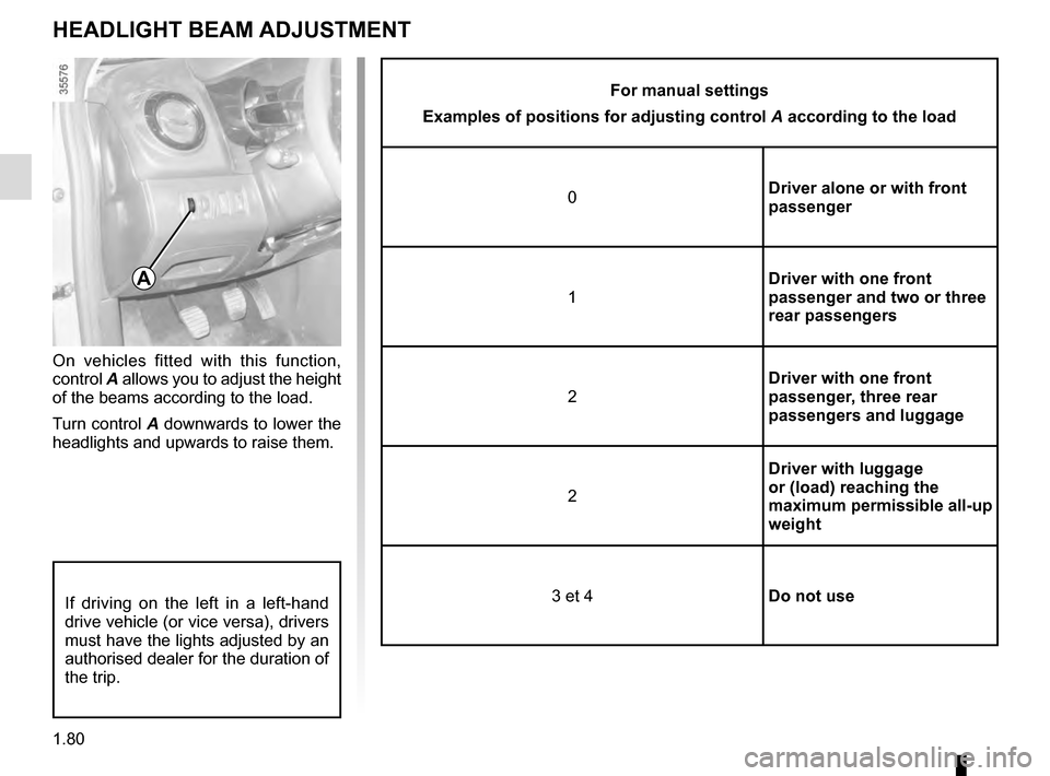 RENAULT CLIO ESTATE 2016 X98 / 4.G Owners Manual 1.80
HEADLIGHT BEAM ADJUSTMENT
On vehicles fitted with this function, 
control A allows you to adjust the height 
of the beams according to the load.
Turn control A downwards to lower the 
headlights 