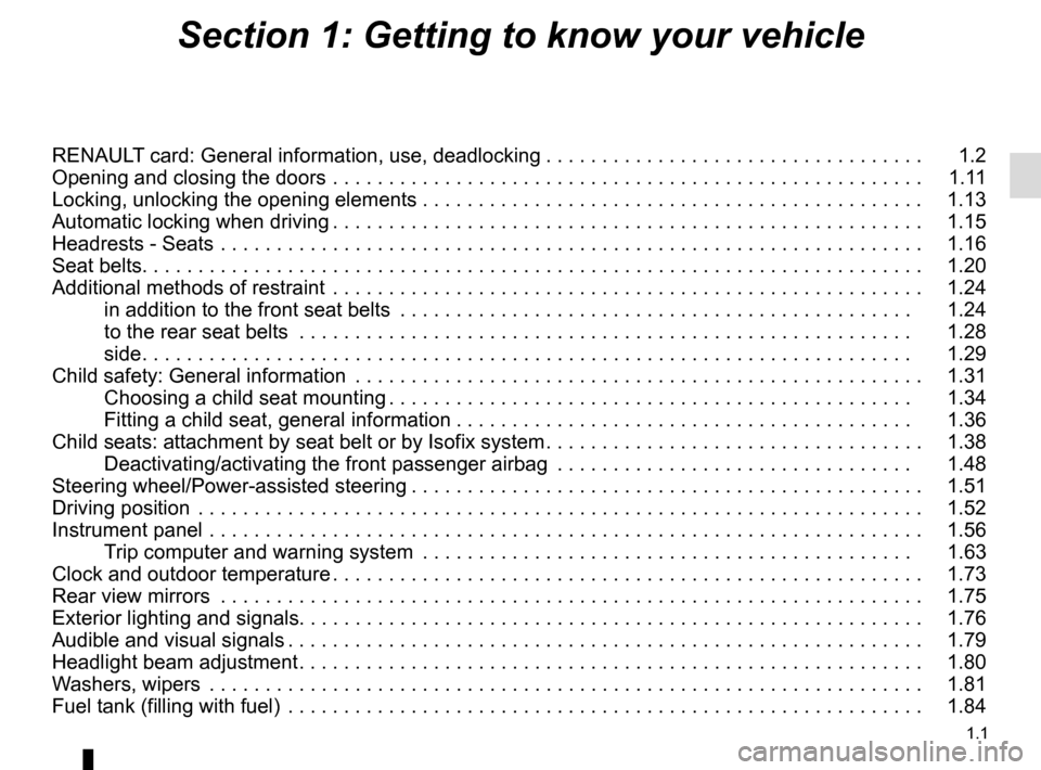 RENAULT CLIO SPORT TOURER 2016 X98 / 4.G Owners Manual 1.1
Section 1: Getting to know your vehicle
RENAULT card: General information, use, deadlocking . . . . . . . . . . . . . . . . . . . . . . . . . . . . . . . . . .   1.2
Opening and closing the doors 