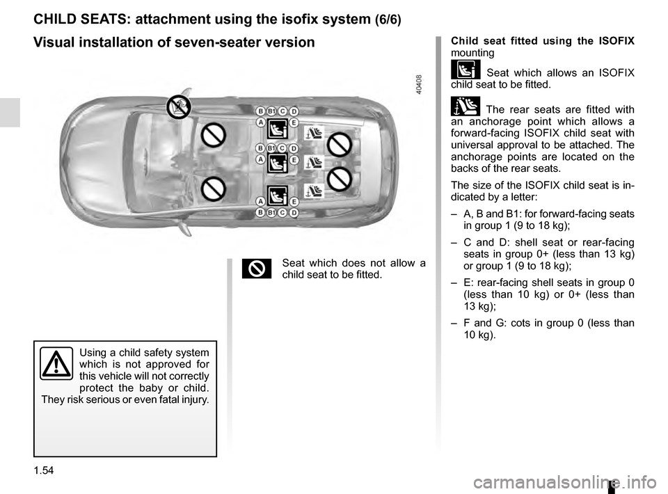 RENAULT ESPACE 2016 5.G Owners Manual 1.54
Visual installation of seven-seater versionChild seat fitted using the ISOFIX 
mounting
 Seat which allows an ISOFIX 
child seat to be fitted.
± The rear seats are fitted with 
an anchorage p