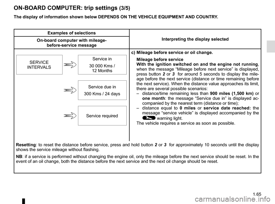 RENAULT GRAND SCENIC 2016 J95 / 3.G Owners Manual 1.65
ON-BOARD COMPUTER: trip settings (3/5)
The display of information shown below DEPENDS ON THE VEHICLE EQUIPMENT \
AND COUNTRY.
Examples of selectionsInterpreting the display selected
On-board comp