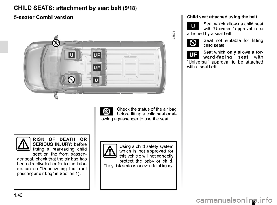 RENAULT MASTER 2016 X62 / 2.G Owners Manual 1.46
CHILD SEATS: attachment by seat belt (9/18)
³Check the status of the air bag 
before fitting a child seat or al-
lowing a passenger to use the seat.
RISK OF DEATH OR 
SERIOUS INJURY: before 
fit