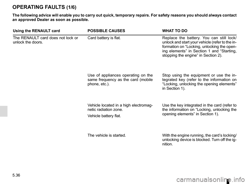 RENAULT MEGANE ESTATE 2016 X95 / 3.G Owners Manual 5.36
OPERATING FAULTS (1/6)
The following advice will enable you to carry out quick, temporary repai\
rs. For safety reasons you should always contact
an approved Dealer as soon as possible.
Using th RENAULT MEGANE ESTATE 2016 X95 / 3.G Owners Manual 5.36
OPERATING FAULTS (1/6)
The following advice will enable you to carry out quick, temporary repai\
rs. For safety reasons you should always contact
an approved Dealer as soon as possible.
Using th