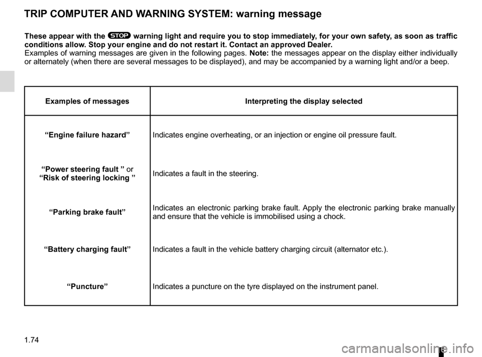 RENAULT MEGANE ESTATE 2016 X95 / 3.G Owners Manual 1.74
TRIP COMPUTER AND WARNING SYSTEM: warning message
These appear with the ® warning light and require you to stop immediately, for your own safety, as soon as traffic
conditions allow. Stop your RENAULT MEGANE ESTATE 2016 X95 / 3.G Owners Manual 1.74
TRIP COMPUTER AND WARNING SYSTEM: warning message
These appear with the ® warning light and require you to stop immediately, for your own safety, as soon as traffic
conditions allow. Stop your