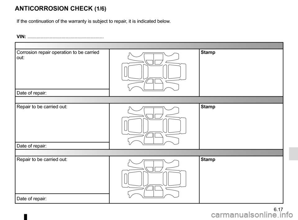 RENAULT MEGANE SPORT TOURER 2016 X95 / 3.G Owners Manual 6.17
ANTICORROSION CHECK (1/6)
If the continuation of the warranty is subject to repair, it is indicated below.
VIN: ..........................................................
Corrosion repair operati