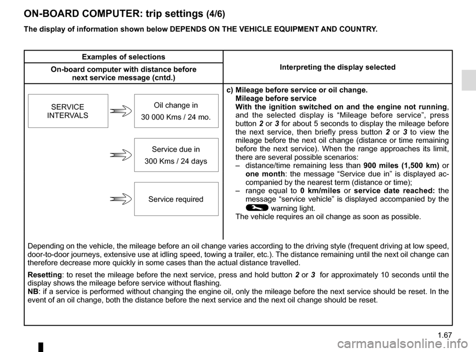RENAULT MEGANE SPORT TOURER 2016 X95 / 3.G Owners Manual 1.67
ON-BOARD COMPUTER: trip settings (4/6)
The display of information shown below DEPENDS ON THE VEHICLE EQUIPMENT \
AND COUNTRY.
Examples of selectionsInterpreting the display selected
On-board comp RENAULT MEGANE SPORT TOURER 2016 X95 / 3.G Owners Manual 1.67
ON-BOARD COMPUTER: trip settings (4/6)
The display of information shown below DEPENDS ON THE VEHICLE EQUIPMENT \
AND COUNTRY.
Examples of selectionsInterpreting the display selected
On-board comp