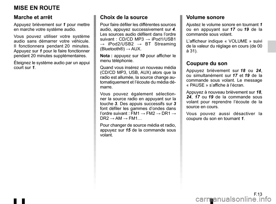 RENAULT TWINGO 2016 3.G Radio Connect R And Go User Manual F.13
MISE EN ROUTE
Marche et arrêt
Appuyez brièvement sur 1 pour mettre
en marche votre système audio.
Vous pouvez utiliser votre système
audio sans démarrer votre véhicule.
Il fonctionnera RENAULT TWINGO 2016 3.G Radio Connect R And Go User Manual F.13
MISE EN ROUTE
Marche et arrêt
Appuyez brièvement sur 1 pour mettre
en marche votre système audio.
Vous pouvez utiliser votre système
audio sans démarrer votre véhicule.
Il fonctionnera