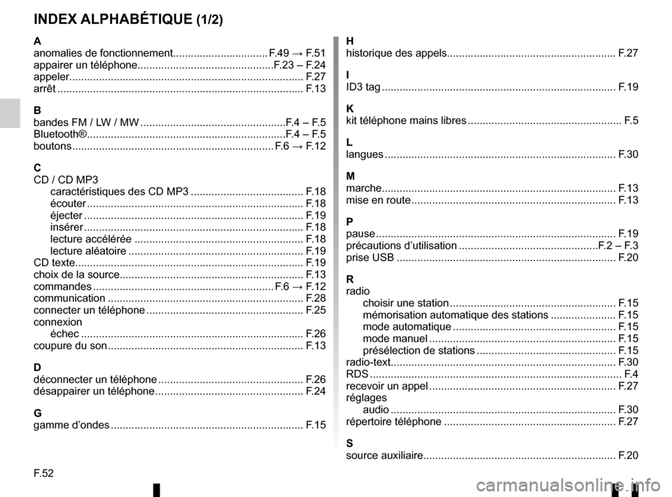 RENAULT TWINGO 2016 3.G Radio Connect R And Go User Manual F.52
INDEX ALPHABÉTIQUE (1/2)
A
anomalies de fonctionnement................................ F.49 → F.51
appairer un téléphone..............................................F.23 – F.24
appeler... RENAULT TWINGO 2016 3.G Radio Connect R And Go User Manual F.52
INDEX ALPHABÉTIQUE (1/2)
A
anomalies de fonctionnement................................ F.49 → F.51
appairer un téléphone..............................................F.23 – F.24
appeler...