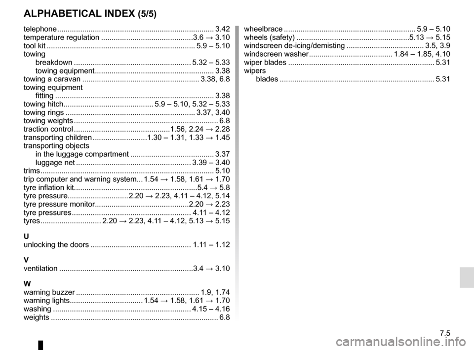 RENAULT SCENIC 2016 J95 / 3.G Owners Manual 7.5
ALPHABETICAL INDEX (5/5)
telephone ..............................................................\
............. 3.42
temperature regulation ............................................3.6 → 3.1 RENAULT SCENIC 2016 J95 / 3.G Owners Manual 7.5
ALPHABETICAL INDEX (5/5)
telephone ..............................................................\
............. 3.42
temperature regulation ............................................3.6 → 3.1