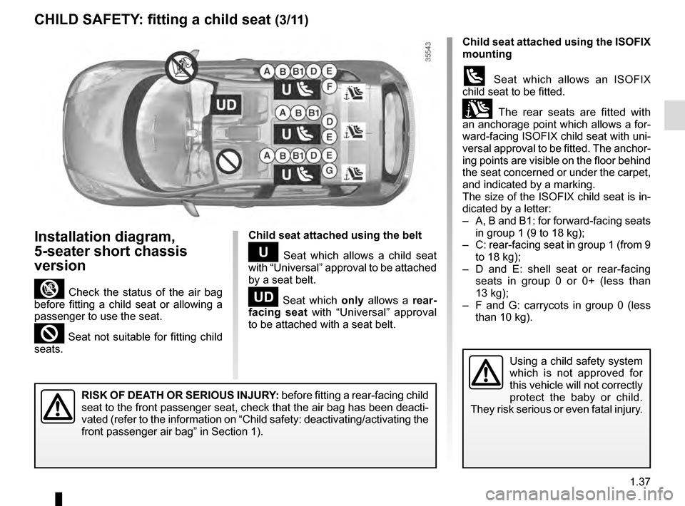 RENAULT SCENIC 2016 J95 / 3.G Owners Manual 1.37
Child seat attached using the belt
¬ Seat which allows a child seat
with “Universal” approval to be attached
by a seat belt.
− Seat which only allows a rear-
facing seat with “Univers RENAULT SCENIC 2016 J95 / 3.G Owners Manual 1.37
Child seat attached using the belt
¬ Seat which allows a child seat
with “Universal” approval to be attached
by a seat belt.
− Seat which only allows a rear-
facing seat with “Univers