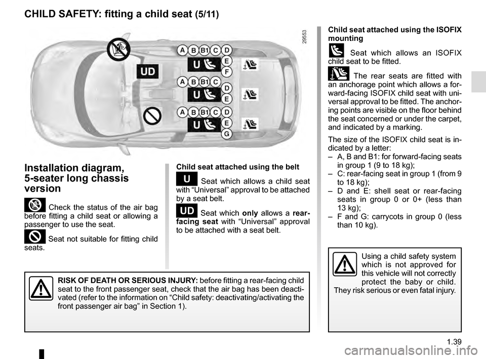 RENAULT SCENIC 2016 J95 / 3.G Owners Manual 1.39
CHILD SAFETY: fitting a child seat (5/11)
Child seat attached using the ISOFIX
mounting
ü Seat which allows an ISOFIX
child seat to be fitted.
± The rear seats are fitted with
an anchorage RENAULT SCENIC 2016 J95 / 3.G Owners Manual 1.39
CHILD SAFETY: fitting a child seat (5/11)
Child seat attached using the ISOFIX
mounting
ü Seat which allows an ISOFIX
child seat to be fitted.
± The rear seats are fitted with
an anchorage