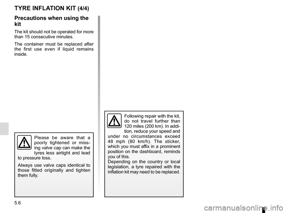 RENAULT TALISMAN 2016 1.G Owners Manual 5.6
Precautions when using the 
kit
The kit should not be operated for more 
than 15 consecutive minutes.
The container must be replaced after 
the first use even if liquid remains 
inside.
TYRE INFLA
