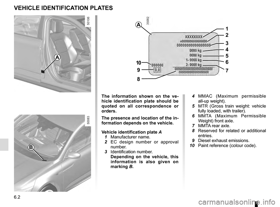 RENAULT TALISMAN 2016 1.G Owners Manual 6.2
VEHICLE IDENTIFICATION PLATES
A
B
A
97
8
10
5
1
2
3
4
6
The information shown on the ve-
hicle identification plate should be 
quoted on all correspondence or 
orders.
The presence and location of