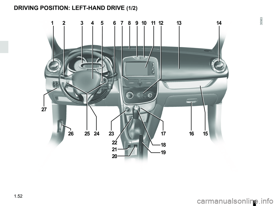 RENAULT CLIO 2017 X98 / 4.G Owners Manual 1.52
DRIVING POSITION: LEFT-HAND DRIVE (1/2)
1234687111214
1615
10
1723
27
2426
19
9
1822
13
20
21
25
5  