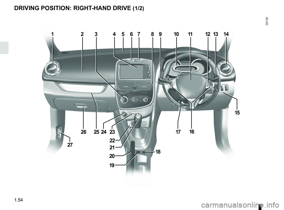 RENAULT CLIO 2017 X98 / 4.G Owners Manual 1.54
DRIVING POSITION: RIGHT-HAND DRIVE (1/2)
13456789111213142
15
161723
22
18
19
20
21
242526
27
10  