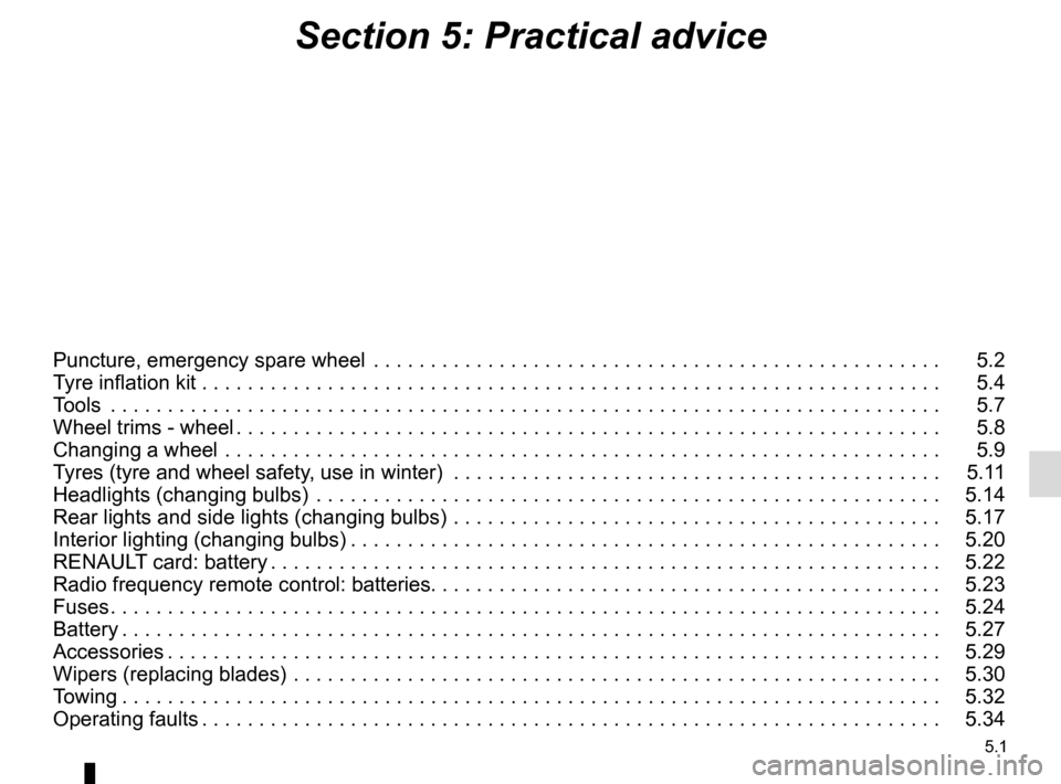 RENAULT KADJAR 2017 1.G Owners Manual 5.1
Section 5: Practical advice
Puncture, emergency spare wheel  . . . . . . . . . . . . . . . . . . . . . . . . . . . . . . . . . . . .\
 . . . . . . . . . . . . . .   5.2
Tyre inflation kit . . . . 