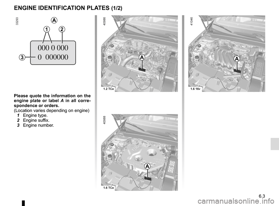 RENAULT MEGANE 2017 4.G Owners Manual 6.3
ENGINE IDENTIFICATION PLATES (1/2)
Please quote the information on the 
engine plate or label A  in all corre-
spondence or orders.
(Location varies depending on engine)
  1 Engine type.
  2 Engin