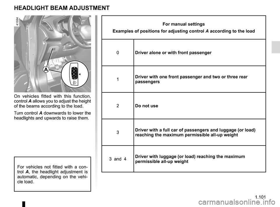 RENAULT SCENIC 2017 J95 / 3.G Owners Manual 1.101
HEADLIGHT BEAM ADJUSTMENT
On vehicles fitted with this function, 
control A allows you to adjust the height 
of the beams according to the load.
Turn control A downwards to lower the 
headlights