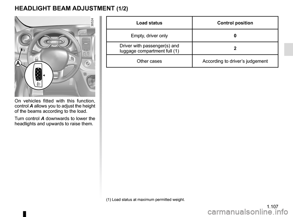 RENAULT TRAFIC 2017 X82 / 3.G Owners Manual 1.107
HEADLIGHT BEAM ADJUSTMENT (1/2)
On vehicles fitted with this function, 
control A allows you to adjust the height 
of the beams according to the load.
Turn control A downwards to lower the 
head