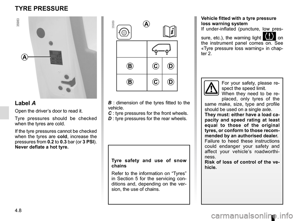 RENAULT ZOE 2017 1.G Owners Manual 4.8
TYRE PRESSURE
B : dimension of the tyres fitted to the
vehicle.
C : tyre pressures for the front wheels.
D : tyre pressures for the rear wheels.
Tyre safety and use of snow
chains
Refer to the i RENAULT ZOE 2017 1.G Owners Manual 4.8
TYRE PRESSURE
B : dimension of the tyres fitted to the
vehicle.
C : tyre pressures for the front wheels.
D : tyre pressures for the rear wheels.
Tyre safety and use of snow
chains
Refer to the i