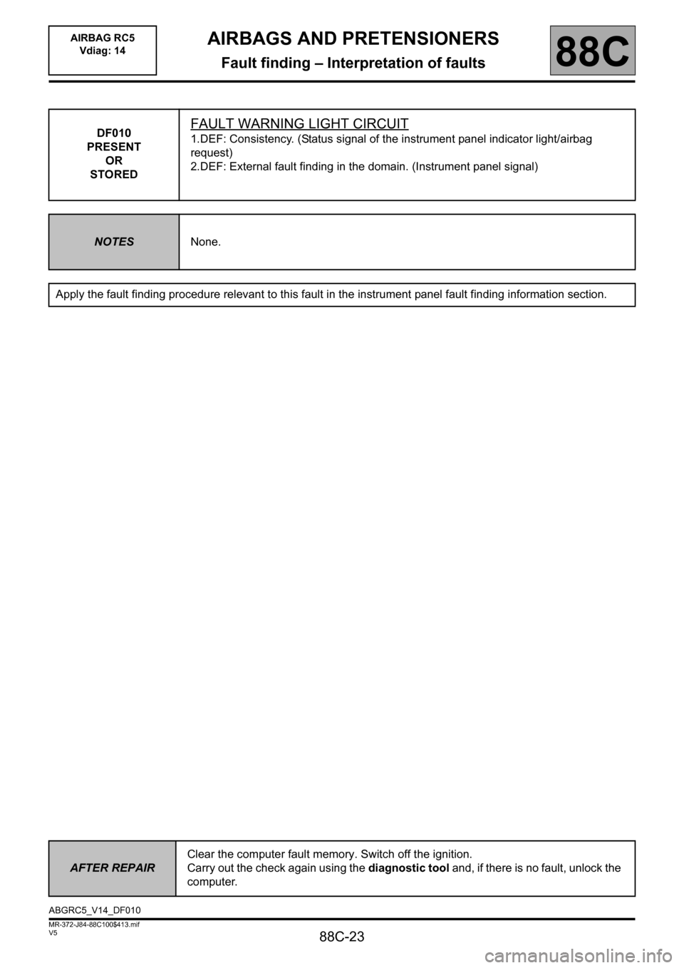 RENAULT SCENIC 2011 J95 / 3.G Air Bag RC5 - Seat Belt Pretensioners Workshop Manual 88C-23
MR-372-J84-88C100$413.mif
V5
AIRBAGS AND PRETENSIONERS
Fault finding – Interpretation of faults
AIRBAG RC5 
Vdiag: 14
88C
DF010
PRESENT
OR
STOREDFAULT WARNING LIGHT CIRCUIT
1.DEF: Consistency