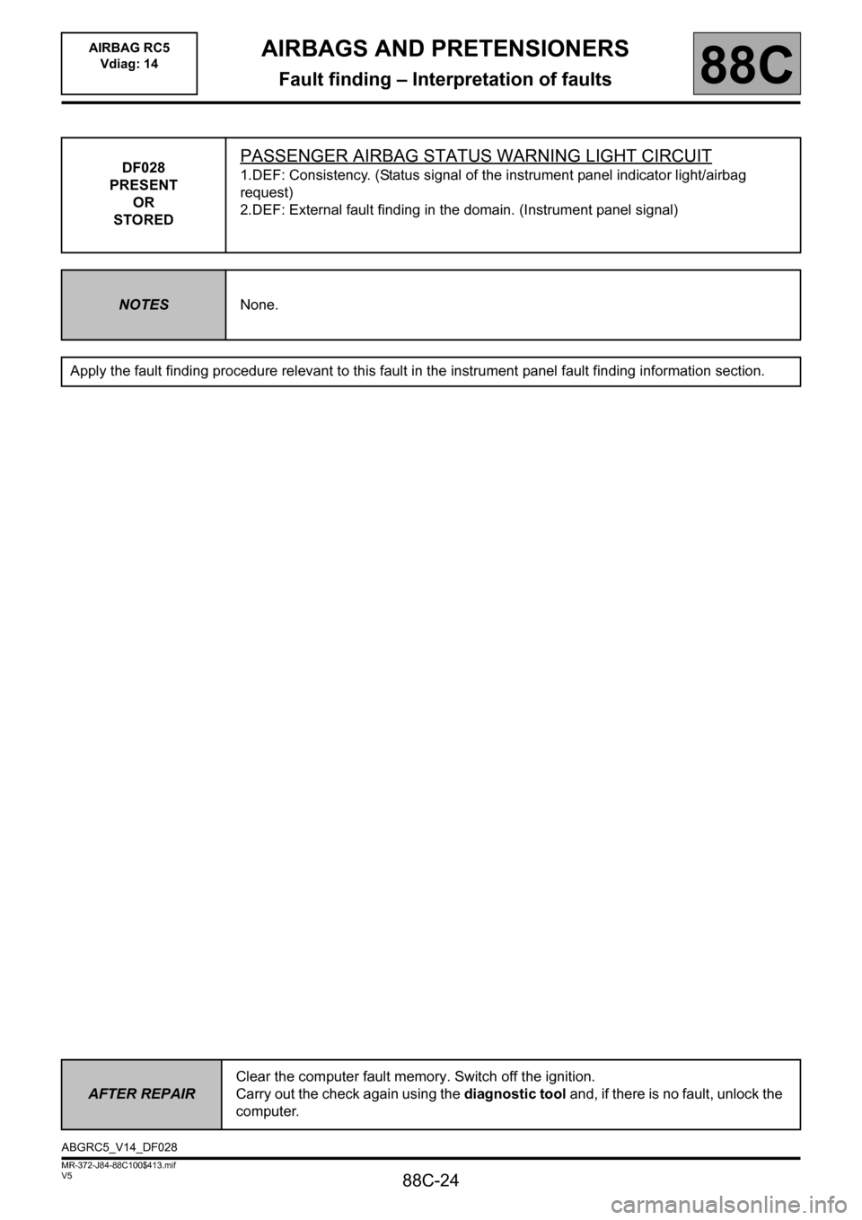 RENAULT SCENIC 2011 J95 / 3.G Air Bag RC5 - Seat Belt Pretensioners Workshop Manual 88C-24
MR-372-J84-88C100$413.mif
V5
AIRBAGS AND PRETENSIONERS
Fault finding – Interpretation of faults
AIRBAG RC5 
Vdiag: 14
88C
DF028
PRESENT
OR
STOREDPASSENGER AIRBAG STATUS WARNING LIGHT CIRCUIT

