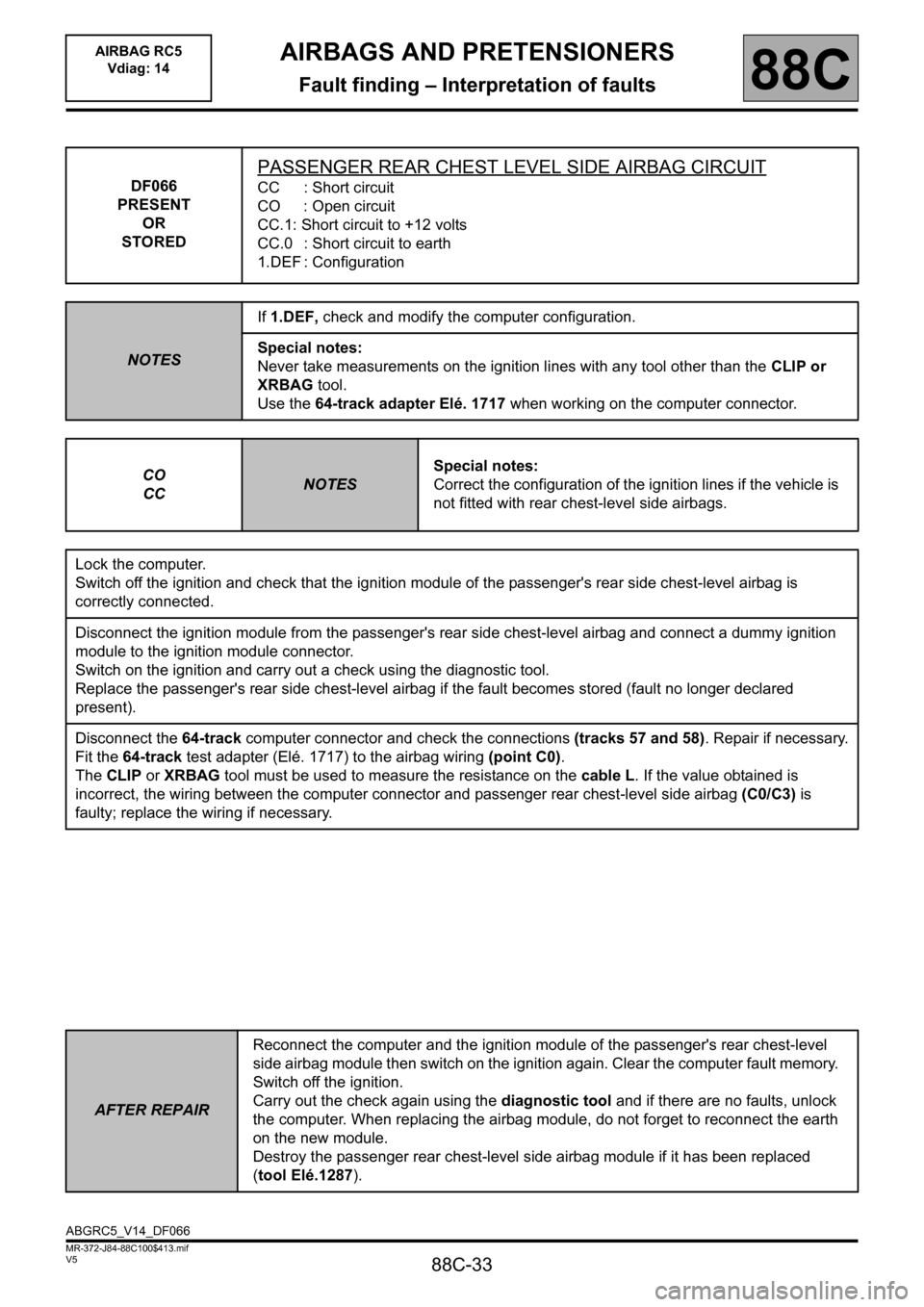 RENAULT SCENIC 2011 J95 / 3.G Air Bag RC5 - Seat Belt Pretensioners Workshop Manual 88C-33
MR-372-J84-88C100$413.mif
V5
AIRBAGS AND PRETENSIONERS
Fault finding – Interpretation of faults
AIRBAG RC5
Vdiag: 14
88C
DF066
PRESENT
OR
STORED
PASSENGER REAR CHEST LEVEL SIDE AIRBAG CIRCUI RENAULT SCENIC 2011 J95 / 3.G Air Bag RC5 - Seat Belt Pretensioners Workshop Manual 88C-33
MR-372-J84-88C100$413.mif
V5
AIRBAGS AND PRETENSIONERS
Fault finding – Interpretation of faults
AIRBAG RC5
Vdiag: 14
88C
DF066
PRESENT
OR
STORED
PASSENGER REAR CHEST LEVEL SIDE AIRBAG CIRCUI